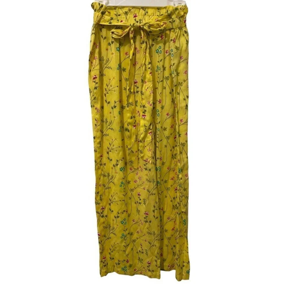 Rare Edition Girls Straight Leg Pants Size 12 Yellow Floral Print Tie Elastic